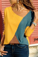 Color Block V-neck Long Sleeves Basic Tops