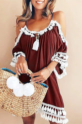 Bohemian Cold Shoulder Tassel Dress
