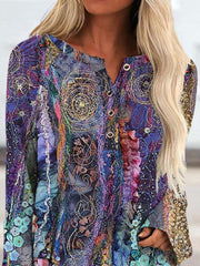Round Neck Flower Print Loose Long Sleeve T-shirt