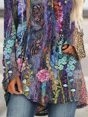 Round Neck Flower Print Loose Long Sleeve T-shirt