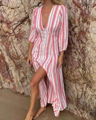 V Neck Striped Half Sleeve Sexy Casual Resort Dress