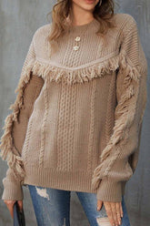 Round Neck Loose Tassel Twist Solid Color Sweater