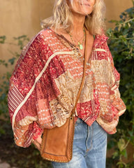 Plus Size Vintage Print V-Neck Loose Top