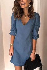 Puff Sleeve Simple Denim Dress
