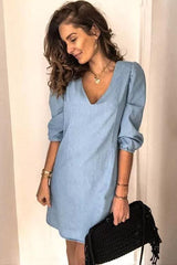 Puff Sleeve Simple Denim Dress