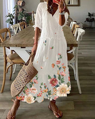 Bohemian V-Neck Print Drawstring Short Sleeve Midi Dress
