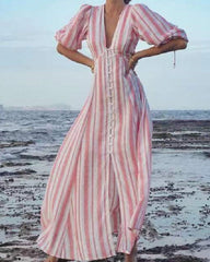 V Neck Striped Half Sleeve Sexy Casual Resort Dress