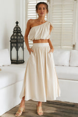 Beige One Shoulder Top and Skirt Sets