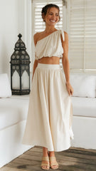 Beige One Shoulder Top and Skirt Sets