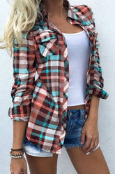 Fashion Plaid Pocket Turn-Down Collar Shirt