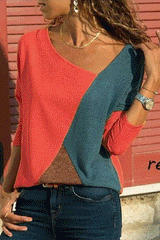 Color Block V-neck Long Sleeves Basic Tops