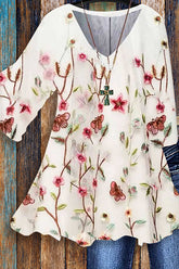 Women's Casual Butterfly Floral Print Cool V-Neck Tops