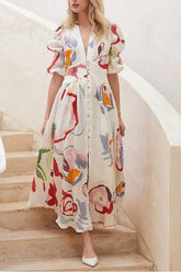 Puff Sleeve Maxi V-Neck Dress