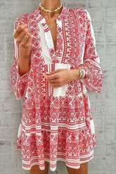 Vintage Geometric Pattern V-Neck Dress