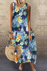 Round Neck Floral Print Sleeveless Dress