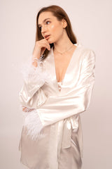 Damian Feather Trim Robe-White