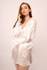 Damian Feather Trim Robe-White