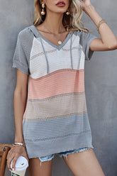 Colorblock Knitted Short Sleeve Hooded T-Shirt