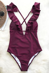 Ruffle V Neck Monokini Beach Bathing Suit