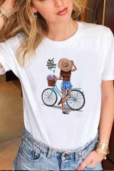 Carton Print Round Neck Short Sleeve Tops