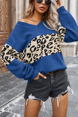 Fashion Leopard Splice Contrast V-neck Sweater