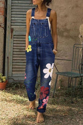 Fashion Flower Printed Denim Jumpsuits