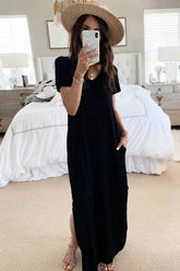 Casual Solid Color Pocket Design Dress