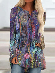 Round Neck Flower Print Loose Long Sleeve T-shirt