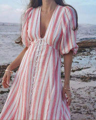 V Neck Striped Half Sleeve Sexy Casual Resort Dress