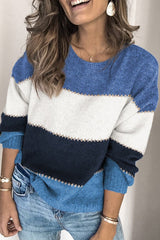 Casual Color Patchwork Round Neck Sweater