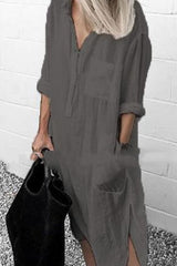 Casual Solid Color Split Shirt Dress