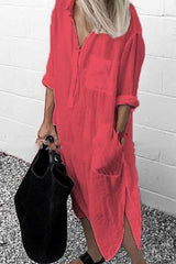 Casual Solid Color Split Shirt Dress