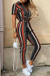 Fashion Lapel Printed Belt Tooling Jumpsuit