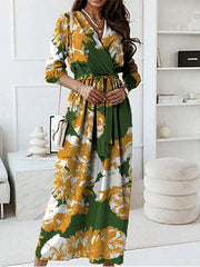 Printed Satin Pleated Elegant Bandage V-Neck Dress