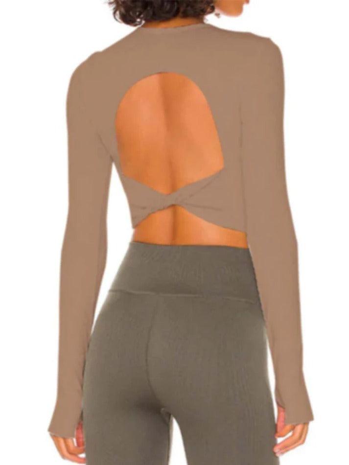 Sporty Solid Ribbed Twist Back Long Sleeve Tee - HouseofHalley