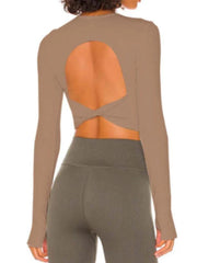 Sporty Solid Ribbed Twist Back Long Sleeve Tee - HouseofHalley