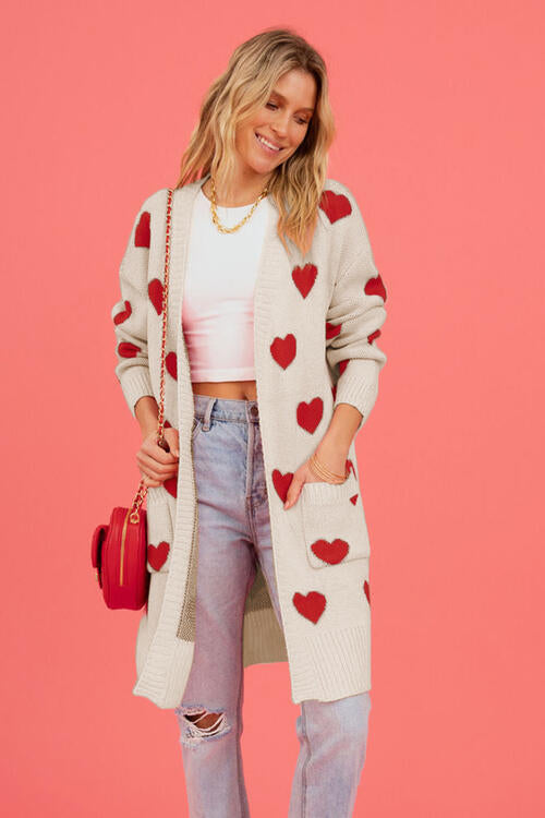 Heart Graphic Open Front Cardigan with Pockets Sweater