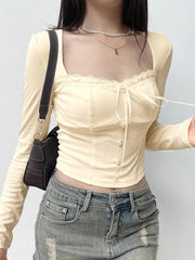 Square Neck Lace Splice Tie Front Long Sleeve Tee
