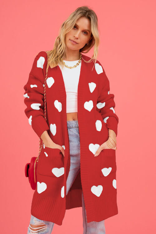 Heart Graphic Open Front Cardigan with Pockets Sweater