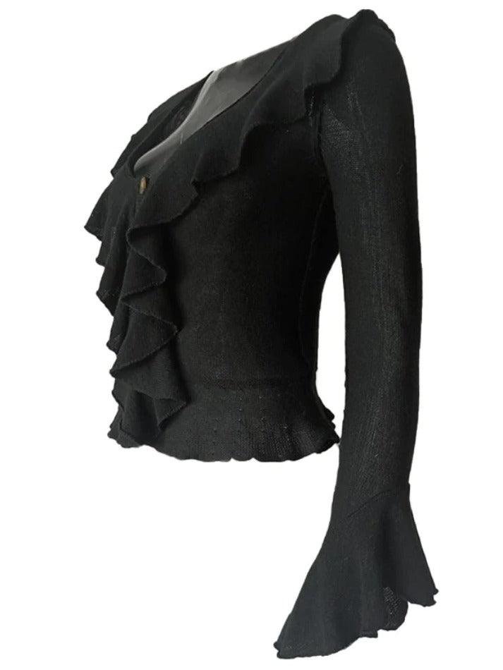 Solid V Neck Ruffle Long Sleeve Knit - HouseofHalley