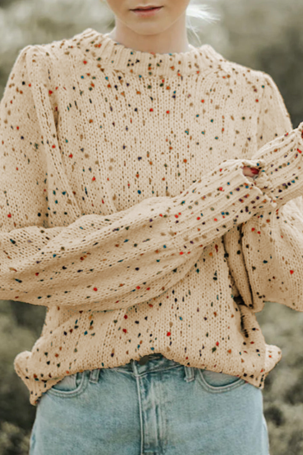 Light French Beige Colorful Dots Cable Knit Crew Neck Long Sleeve Sweater