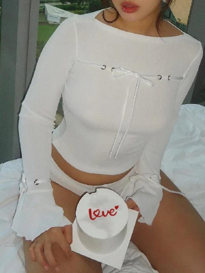 Ribbed Bow Lace Up Flare Long Sleeve Knit - HouseofHalley