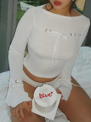 Ribbed Bow Lace Up Flare Long Sleeve Knit - HouseofHalley