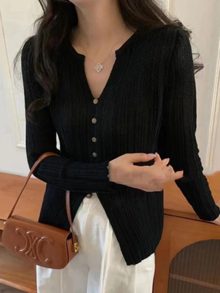 Solid V Neck Slit Long Sleeve Knit - HouseofHalley