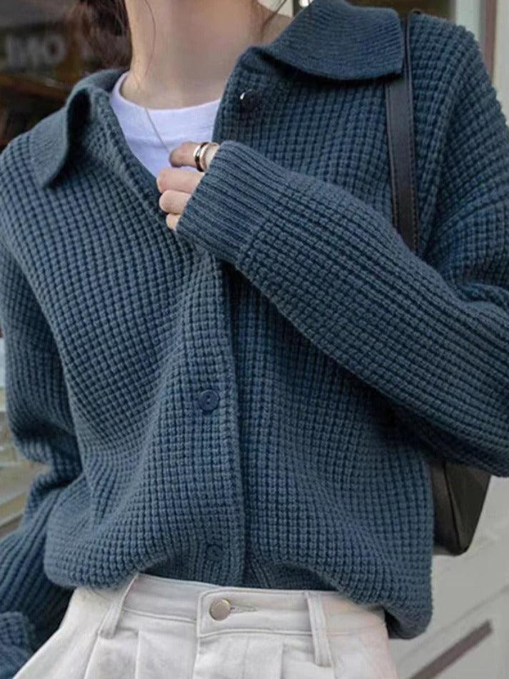 Solid Waffle Lapel Neck Cardigan - HouseofHalley