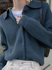 Solid Waffle Lapel Neck Cardigan - HouseofHalley