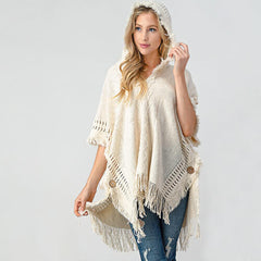 Fringed Crochet Buttoned Hooded Throw Over Poncho