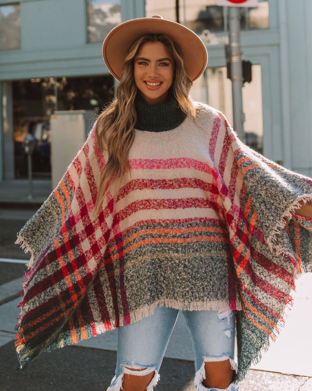 Jaslyn Plaid Turtleneck Poncho - Cream Multi