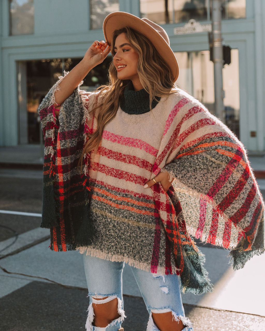 Jaslyn Plaid Turtleneck Poncho - Cream Multi