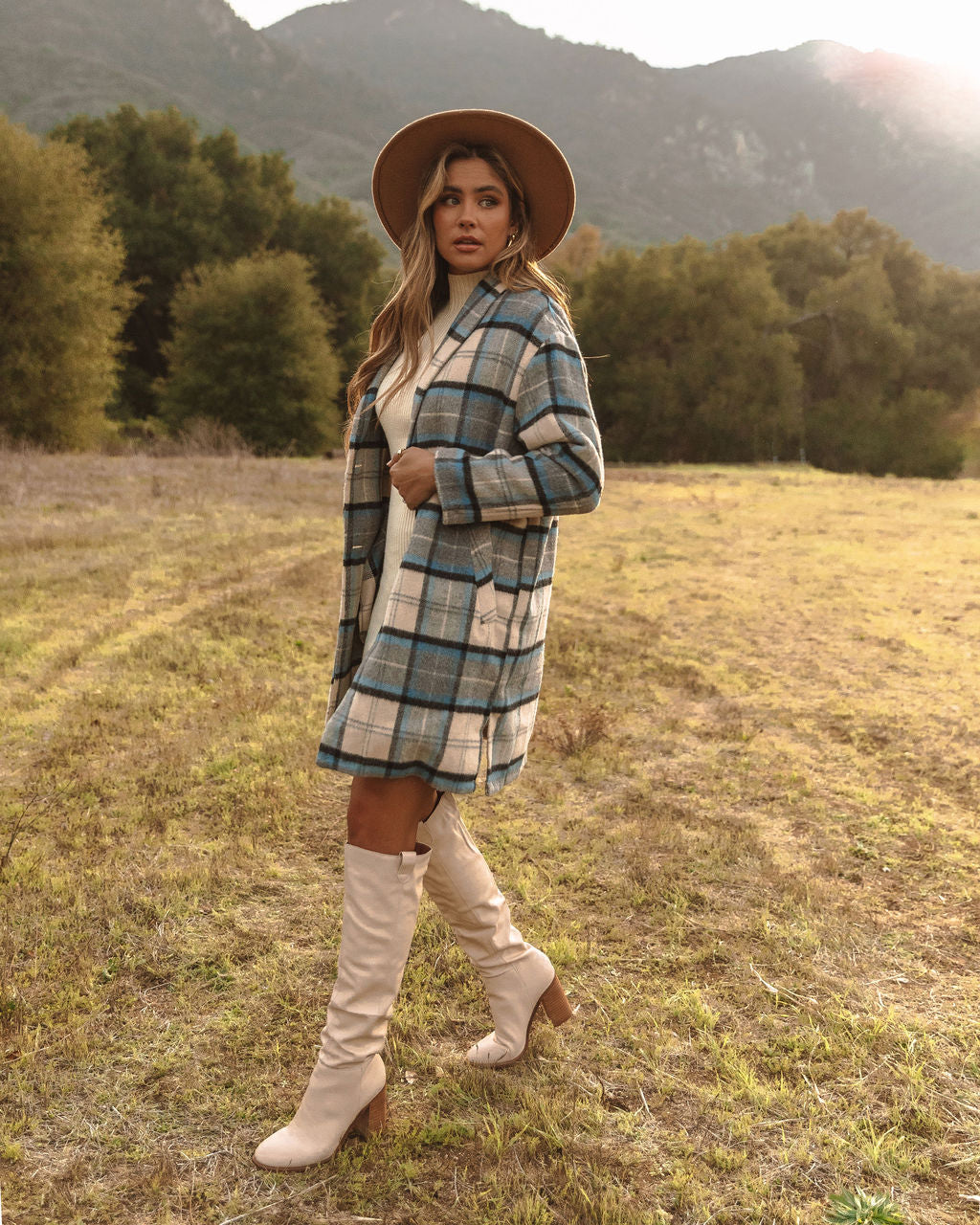 Igloo Pocketed Plaid Coat - Blue